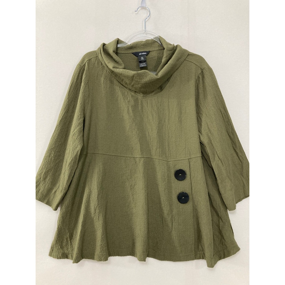 Ali Miles Cowl Neck Top size PXL Olive Green Textured Button Accent‎ Lagenlook
